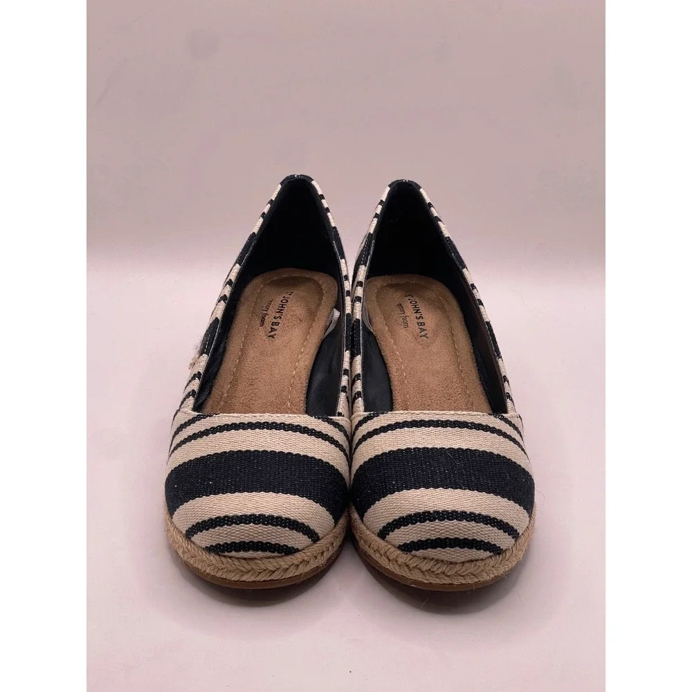 St Johns Bay Botanic Navy Stripe Espadrille Wedge Shoes 5.5W Wide Memory Foam